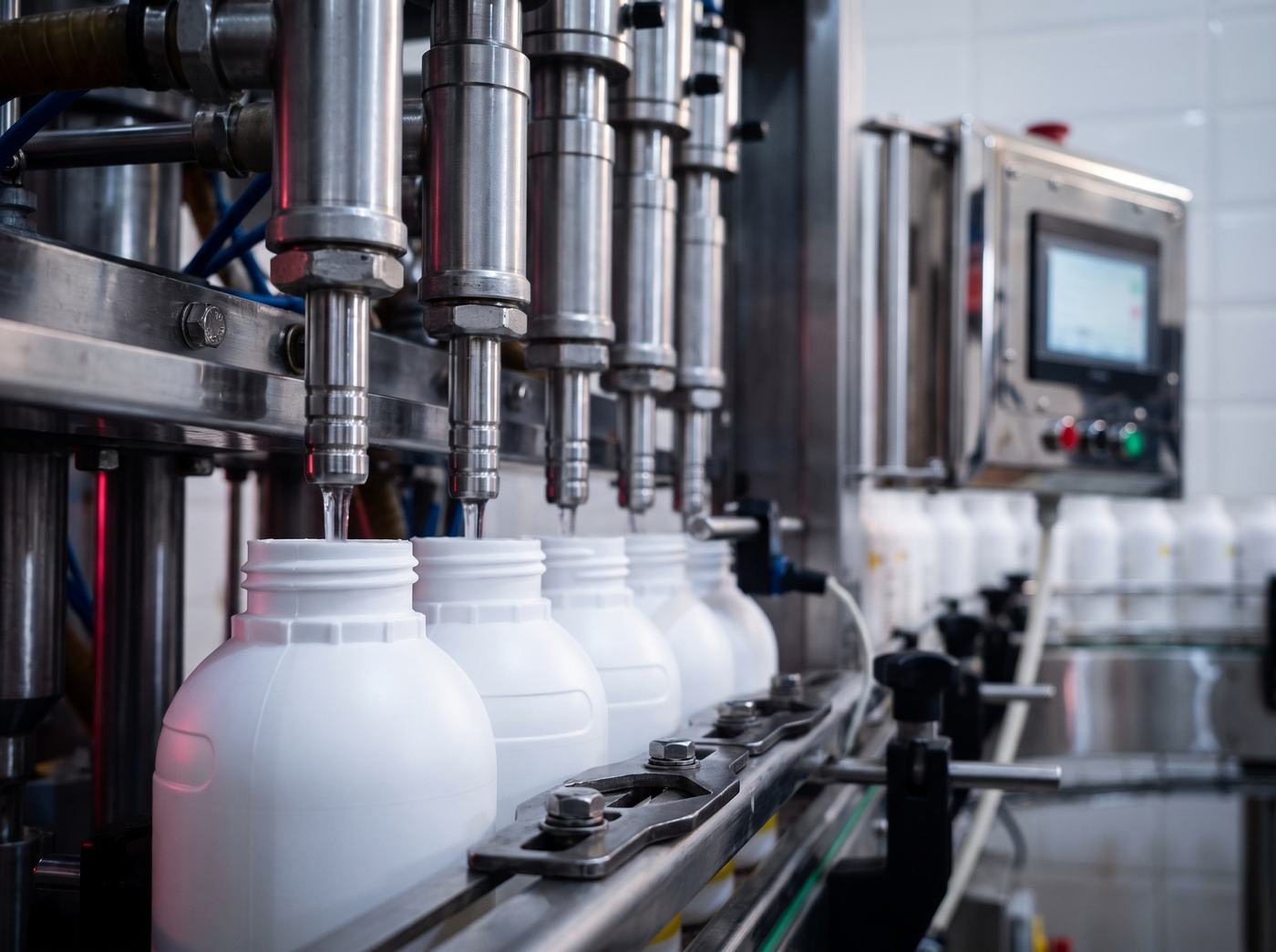 Stainless-steel filling nozzles over bottles on the production line